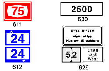 שלט תכלת עם המספר 24 פעמיים (תמרור 612) בין תמרורים נוספים - מספר כביש, מרחק ורוחב שוליים