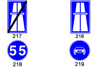 ארבעה תמרורים כחולים - 217 (סוף דרך מהירה עם קו אלכסוני), 216 (דרך מהירה), 218 (מהירות מזערית 55), 219 (רק רכב מנועי)