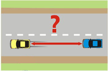 איור של שני רכבים באותו נתיב עם חץ דו-כיווני המסמן את המרחק ביניהם.