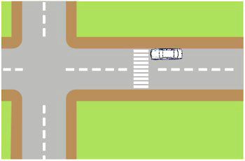 תרשים צומת עם מעבר חצייה רחב ורכב הנוסע לכיוונו, ממחיש את תחום האיסור להעמדת רכב.