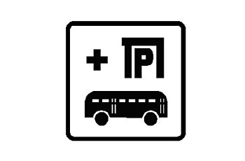 סמל שחור-לבן: אות P עם סימן פלוס ואוטובוס מתחתיו - סמל 'חנה וסע'
