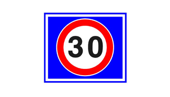 תמרור מרובע כחול עם עיגול אדום ומספר 30 במרכזו