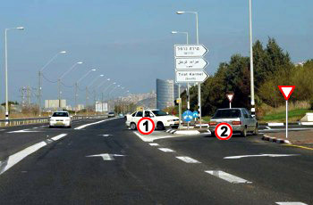 צומת עם רכב לבן (1) ורכב כסוף (2) המתקרבים מכיוונים שונים, תמרור תן זכות קדימה נראה בצד